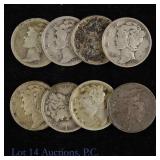 USA 90%-Silver Mercury Dimes (8)