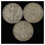 '34s, '35s & '39s US Silver Walking Liberty 50c, 3