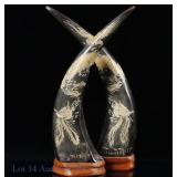 Pair Of Matching Hand Carved Water Buffalo Horns