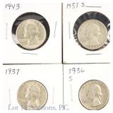 '36s, '37, '37s & '43 US Silver Wash. 25c, 4