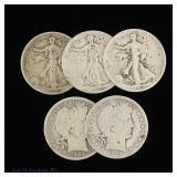 1902 - 1945 US 90% Silver Half Dollars (5)