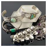 5 Silver Bracelets, Malachite, Turquoise