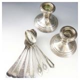 Sterling Silver 8 Spoons, Weighted Candlesticks