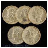 1936 - 1943 US 90%-Silver Mercury Dimes (5)