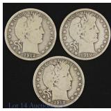 1912 P,D,S US Silver Barber 50c full rims, 3