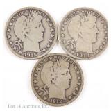 1912d, 1914s & 1915d US Silver Barber 50c (3)