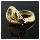 14k Yellow Gold Coiled Snake Ring Red Gems