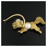14k YG, Pearl & Rhinestones Mid-Century Dog Brooch