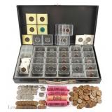 Vintage Metal 2x2 Coin Case w/ Various Coins