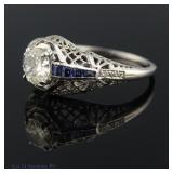 14K White Gold, Diamond & Sapphire Art Deco Ring