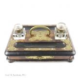 1800s Victorian Walnut Double Inkwell Inkstand