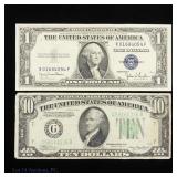 1930s US $1 Silv Certificate & $10 Fed Res Note, 2