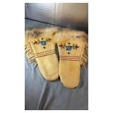 Handmade Leather & Fur Beaded Mittens. Pair of