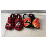 Assorted slippers including red and black plaid