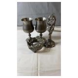 Assortment of pewter items including two goblets,