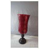 Large Red Crackle Glass Decorative Vase on Metal