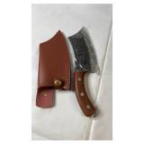 Fixed-blade knife with textured blade, wood
