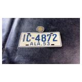 Vintage 1953 Alabama license plate featuring blue