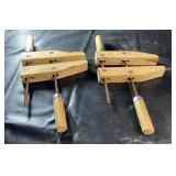 Pair of vintage wooden hand screw clamps with