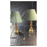 Pair of Brass & Wood Table Lamps with Green
