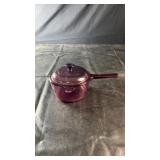 Vintage Vision Ware cranberry glass saucepan with