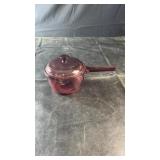 Vintage Vision Ware cranberry glass saucepan with
