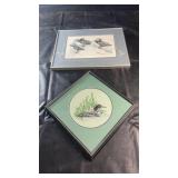 Framed needlepoint artwork lot featuring coastal