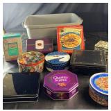 Collection of decorative tins, cookie tins, tea