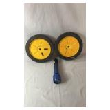 Pair of plastic wheels with rubber tires and a