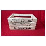 White wooden storage crate featuring the phrase