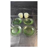 Green Glass plates &White MugsFour green glass