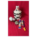 Ceramic Dalmatian-themed cookie jar with matching