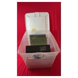Clear plastic storage tote with matching lid,