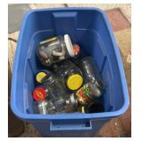 Blue plastic tote without a lid filled with