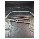 Bow Saw and Hedge ShearsBlue metal bow saw with