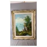 Framed landscape artwork depicting a rustic