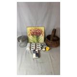Mixed household décor including a wicker basket,