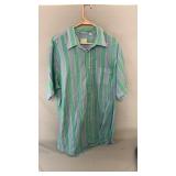 Green and blue striped short sleeve button-up