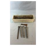 Wooden box filled with assorted vintage railway