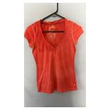 Orange short-sleeve V-neck T-shirt, size medium.