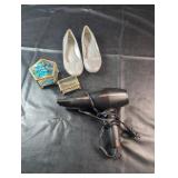 Hair Dryer, Dress Shoes & Glass Trinket