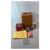 Wooden storage box with assorted hardware,