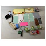 Group of office and desk supplies with envelopes,