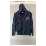 Navy blue zip-up hoodie with a drawstring hood,