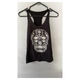 Black racerback tank top featuring a bold skull