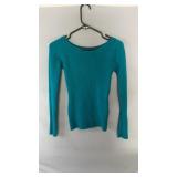 Turquoise knit sweater, size small. Features a