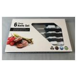 Six-piece kitchen knife set with patterned blades