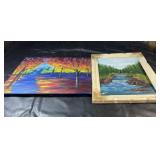 Two landscape paintings featuring colourful