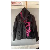FOX black hooded coat with bright pink lining,