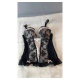 Black corset with cream satin panels, floral lace